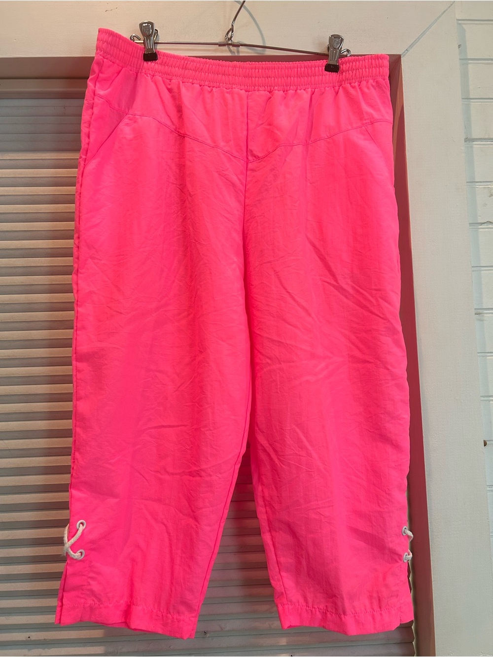 Vintage Goolagong Neon Pink Nylon Capri Cropped Pants | Lace Up Hem | Fits L/XL